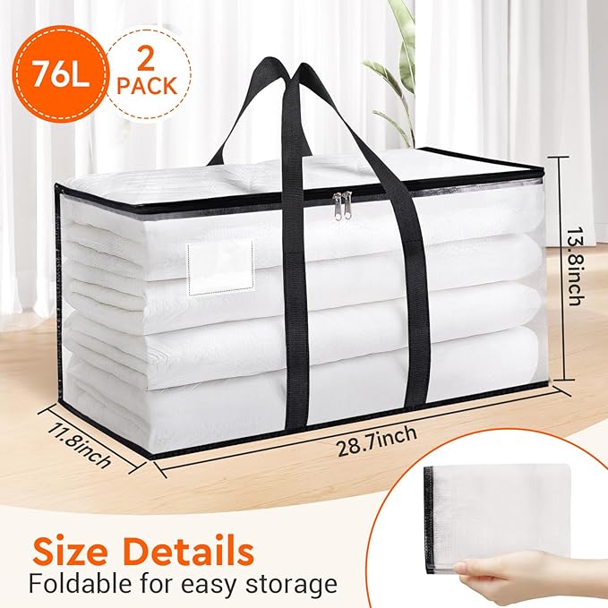 BlissTotes 2-Pack Heavy Duty Extra Large Clear Moving Bags, Reinforced Handles & Tag Pocket, 76L