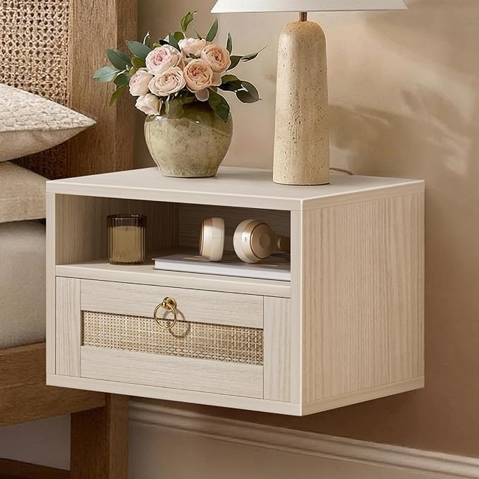 Floating Nightstand with Drawer for Wall Mounted Hanging Rattan Night Stand Bed Side Tables Wooden End Table Small Boho Dressers Farmhouse Shelves for Bedroom