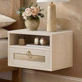 Floating Nightstand with Drawer for Wall Mounted Hanging Rattan Night Stand Bed Side Tables Wooden End Table Small Boho Dressers Farmhouse Shelves for Bedroom