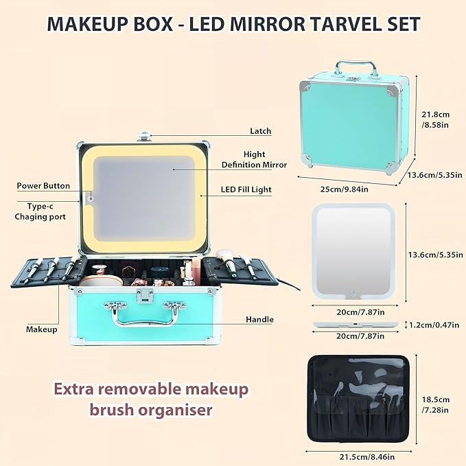 Makeup Organizer Box with Detachable Lighted Mirror, Travel Train Cosmetic Case, Adjustable Divider Storage Bag, Portable Artist Storage Suitcase with Magnetic LED Mirror (Light Pink)