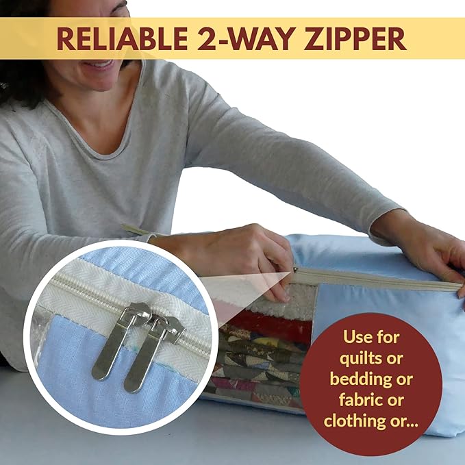 Madam Sew Quilt Blanket Storage Bag|Blanket Organizer|Comforter Storage for Clothes, Quilts, Bedding|Linen Bag Storage with Visible Front Panel, Strong Handles & 2-Way Zipper - Periwinkle 22x15x8"