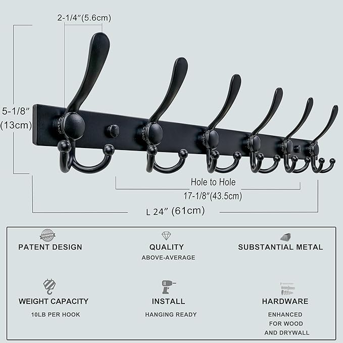 Dseap Coat Rack Wall Mount 2.0 Pro: 24” Long, 3X Tougher, Heavy Duty Stainless Steel Wall Coat Hanger with 6 Tri Hooks for Clothes Jackets Hats Entryway Closet, Black