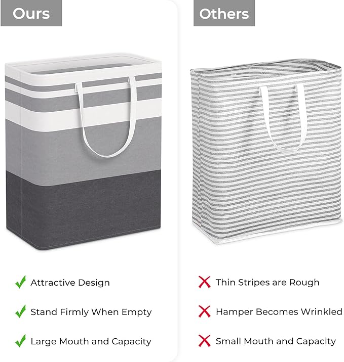 HomeHacks 2 Pack Large Laundry Baskets, Waterproof, Freestanding Laundry Hampers, Collapsible Clothes Hamper with Reinforced Handles in Laundry, College Dorm, Bathroom, Bedroom (Grey+Blue, 125Lx2)