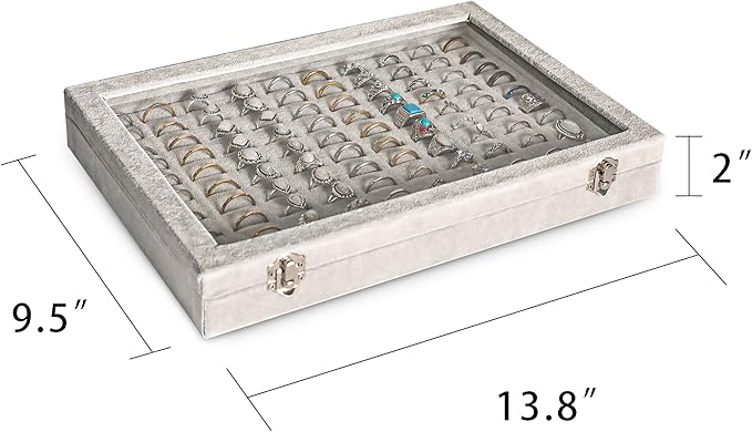 Frebeauty Ring Organizer Tray 100 Slots Ring Holder with Clear Lid Velvet Storage Box Jewelry Tray for Jewelry Store Earring Display Case for Jewelry Show Studs Box for Women(Grey)