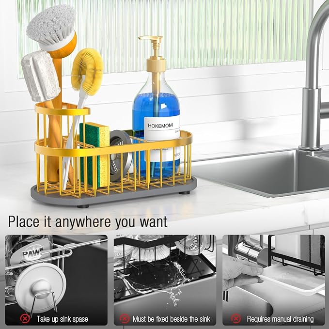 Kitchen Sink Organizer with Sponge Holder & Brush Holder - Drain-Free Non-Slip Base, 2.6mm Stainless Steel with Gold Rust-Resistant Coating - Easy Install & Clean Kitchen Sink Caddy