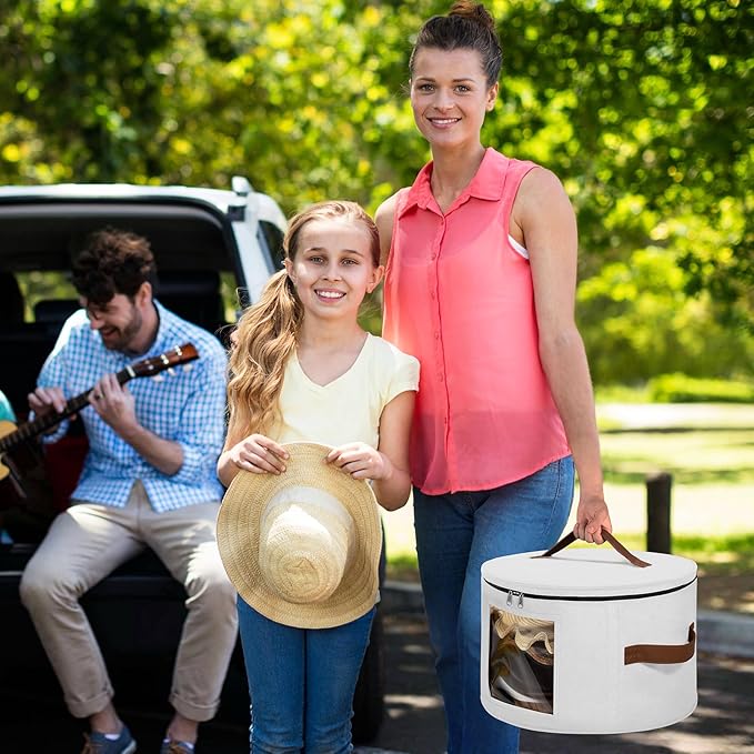 Lifewit Round Cowboy Hat Box for 7 Caps, Large Felt Hat Organizer Bag for Men & Women Storage, Baseball Cap Container with Dustproof Lid for Travel, Foldable 16.5" D x 10.6" H Carrier, White