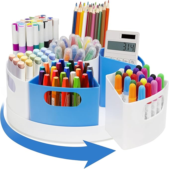 Rotating Art Supply Storage for Kids, Crayon & Marker Organizer and Pencil Holder for School Teachers and Classroom Crafts, Rotating Desk Organizer Caddy