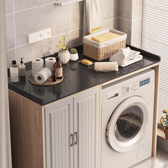 Washer Dryer Countertop, Laundry Countertop with Edge Rails - 27.5" x 54" Melamine Finish for Laundry Room Organization (Black)