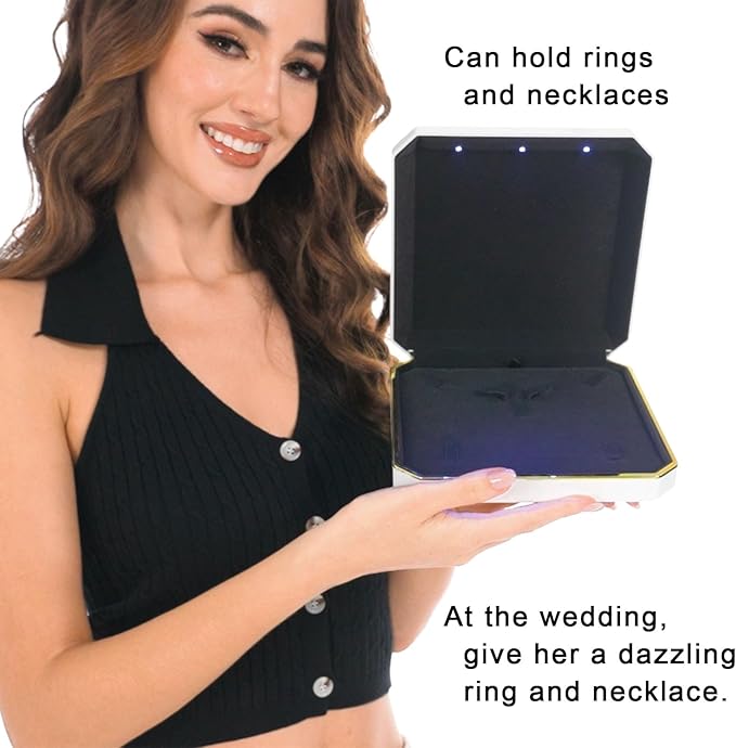 HSLFUAI Necklace Box with Led,Jewelry Box for Necklace, Jewelry Gift Box for Wedding, Birthday, Valentine' Day, Mother'S Day, Christmas,Black Velvet Interior Necklace Box(White)