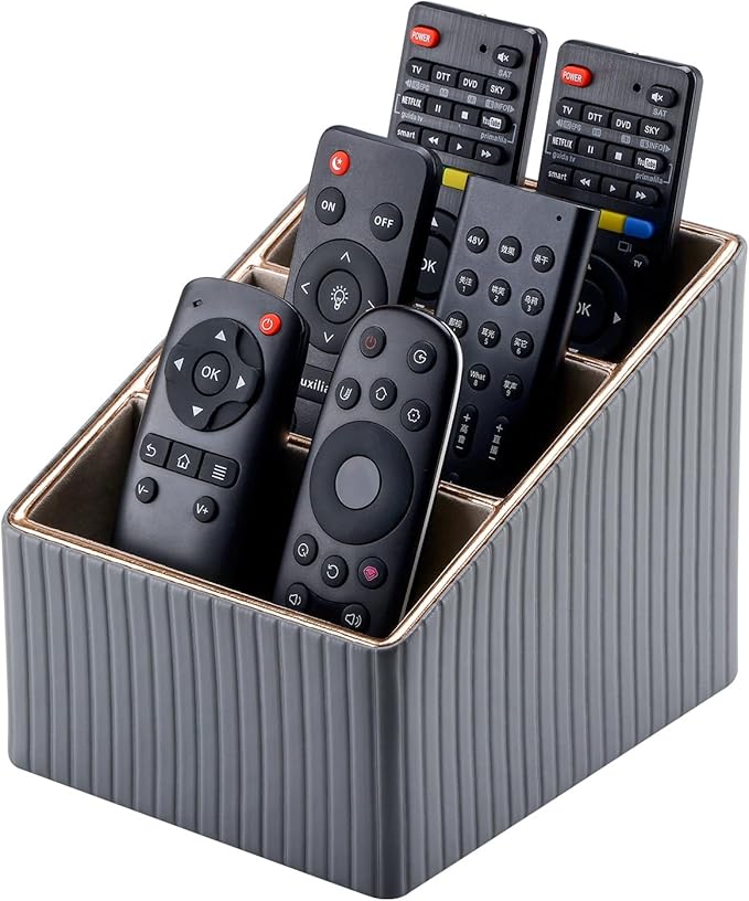 KINGFOM 3 Slot PU Leather Remote Controller Holder, Home Sundries Storage Box, TV Guide/Mail/CD Organizer/Caddy/Holder with Free Cable Desk Organizer (Grey)