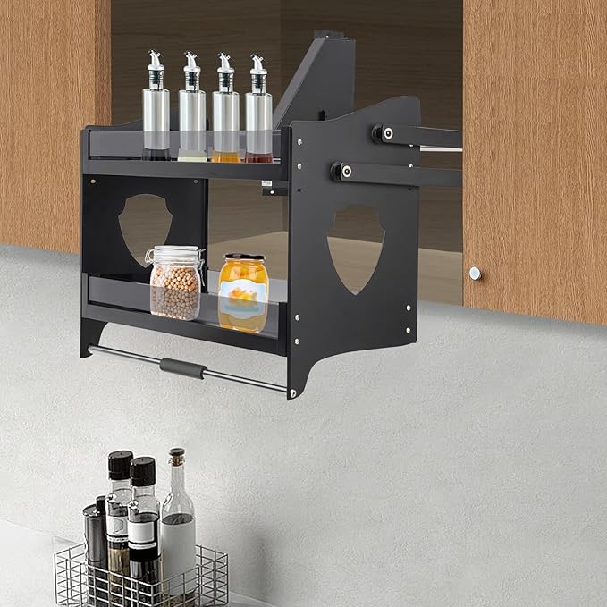 DNYSYSJ Pull down Shelf for Upper Cabinets, 2-Tier Pull down Cabinet Organizer with Tempered Glass, 29"*10.6"*20.5" Wall Mounted Spice Rack Ideal Spice Rack Organizer for Kitchen Cabinets