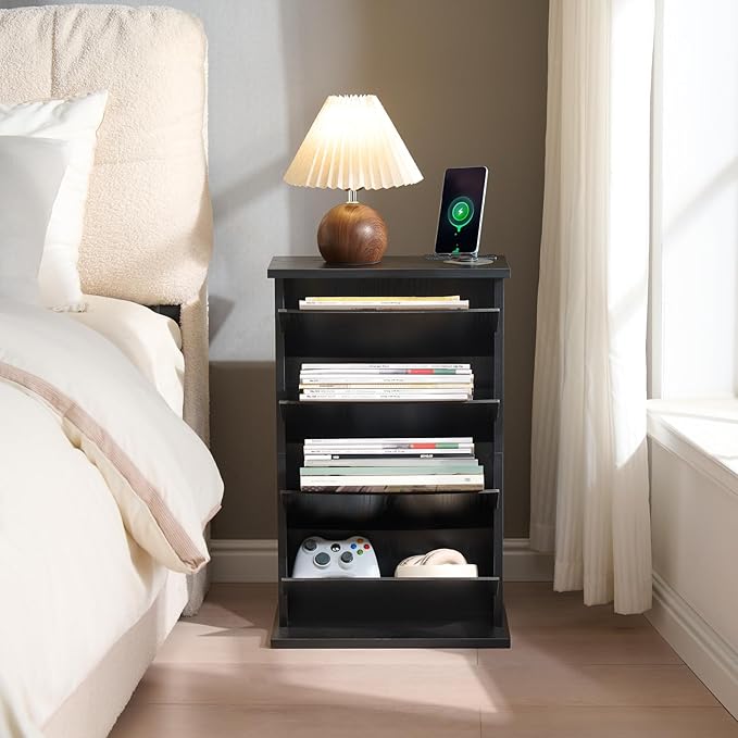 Narrow Side Table with Charging Station Slim End Table with Magazine Book Holder Organizer Rack & Storage Bag, Small Space Skinny Thin Nightstand Couch Sofa Bed Side Table for Bedroom, Living Room