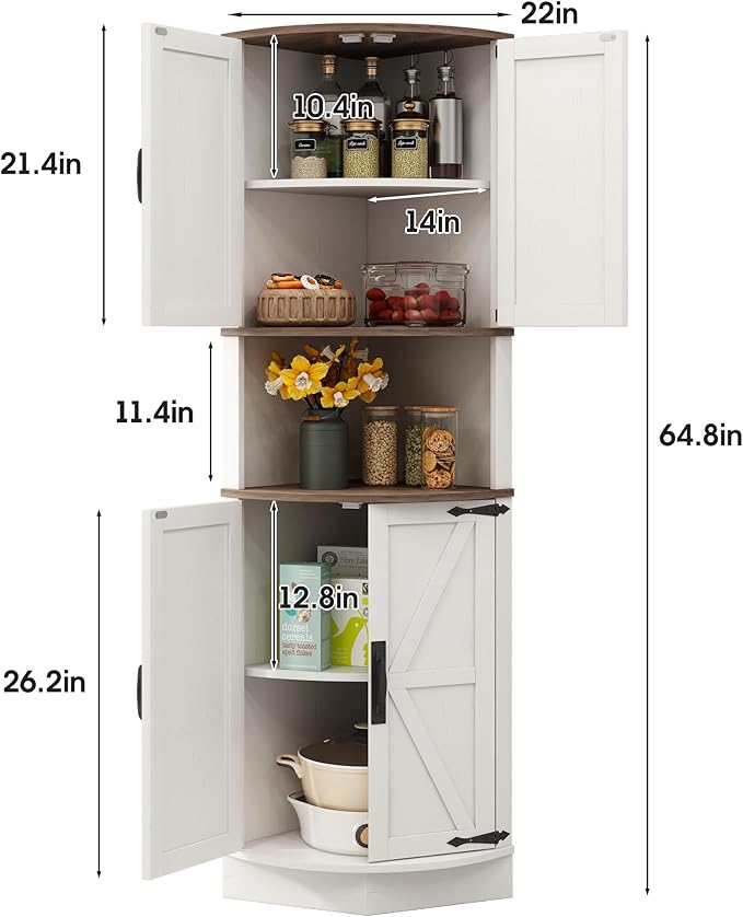 Vabches 64.8" Tall Farmhouse Corner Cabinet with 4 Doors and 5 Storage Shelves, Farmhouse Storage Cabinet with Barn Door Design, Home Space Saver for Living Room, Kitchen, Laundry Room,White