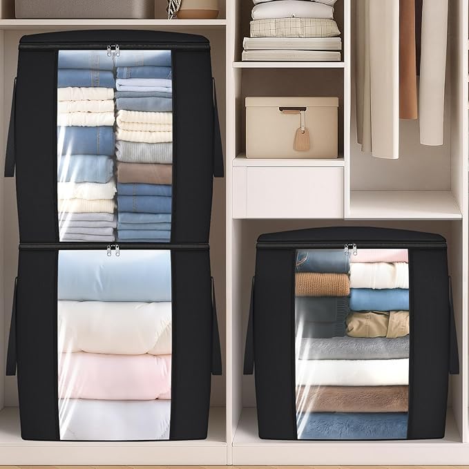 120L Extra Large Clothes Storage Bags, Foldable Blanket Storage and Organization, Thick Fabric Containers with Reinforced Handles & Zippers for Clothing, Comforters, Bedding, Black, 4 Pack
