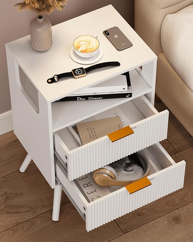 White Nightstand, Modern Bedside Table with 2 Storage Drawer and Open Wood Shelf, for Bedroom and Small Spaces, Night Stand with Solid Wood Legs