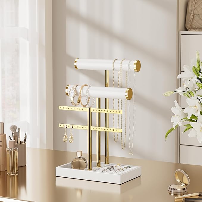 3 Tier Bracelet Holder Display - White Leather Bracelet Holder, Detachable T Bar Jewelry Holder Organizer for Bracelet, Necklace, Earrings, Rings, Watches, Bangle