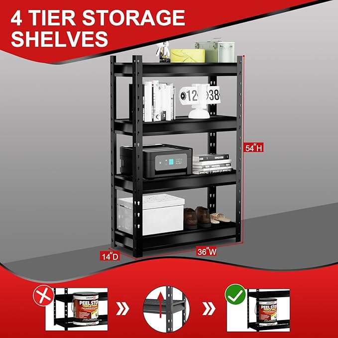 The Atlas 36" W Garage Shelving Heavy Duty Loads 6000LBS, 4 Tier Metal Storage Shelves, Adjustable Industrial Rack for Warehouse Basement Pantry, 36" W x 14" D x 54" H