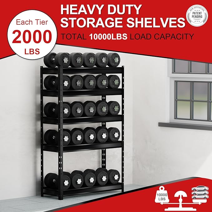 The Atlas 48" W Heavy Duty Garage Shelving Load 10000lbs, 5 Tier Metal Storage Shelves, Adjustable Industrial Rack for Warehouse Basement Shop, 48" W x 18" D x 72" H
