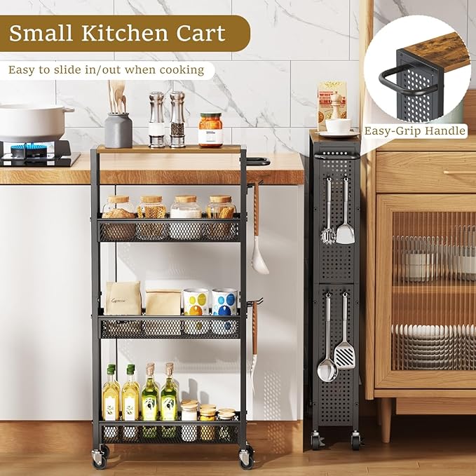 Utility Slim Storage Cart 4 Tier Small Rolling Kitchen Laundry Room Organization Cart with Wood Top Metal Narrow Laundry Room Shelves Cabinet Unit Laundry Organizer Trolley with Handle for Small space