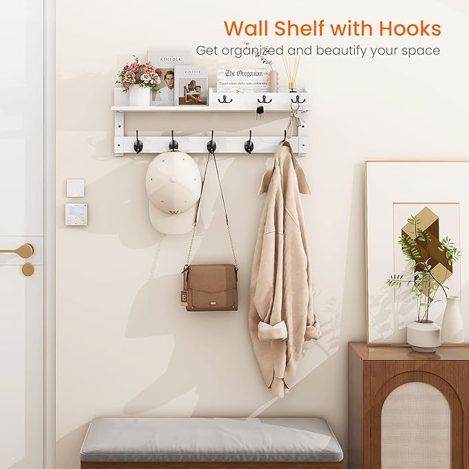 Homode Coat Rack Wall Mount with Hooks and Mail Holder, Entryway Floating Shelf with Key Hooks, Hanging Coat Hanger for Entry, Bathroom, Hallway, Bedroom, White