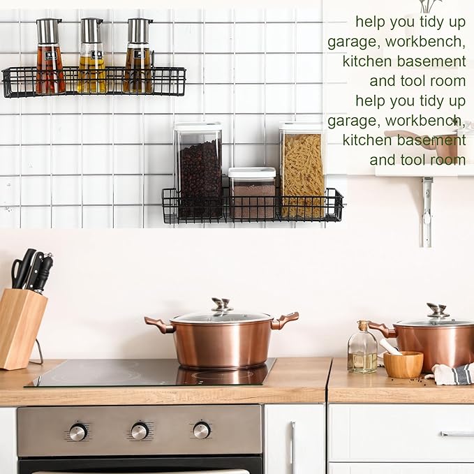Blulu 4 Pcs 15.75 x 5.91 x 1.97 Inch Metal Grid Wall Baskets with Hooks Grid Wall Shelves Hanging Wire Basket Multi Function Storage Organizer for Kitchen Organizing Display (Black)