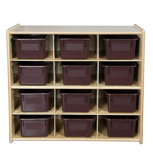 Contender 12 Compartment Storage Unit With Brown Bins For Kids, Montessori Hardwood Cubby Organizer For Organizing Toys, Art And Craft Supplies [Fully Assembled]