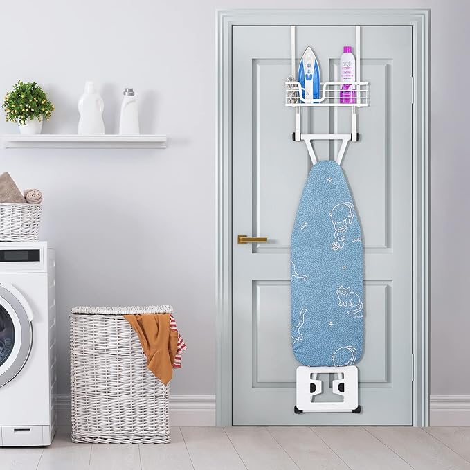 KES Ironing Board Hanger Over The Door, T-Leg Holder, for 1 3/8" Door, Metal Iron Holder White, HIR500A-WH