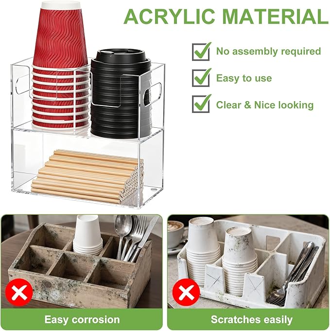 MYITYARD Coffee Cup Holder for Countertop, 2-Tier Clear Acrylic Cup Dispenser, Coffee Bar Accessories Organizer, Paper Cup and Lid Holder with Straw Organizer for Office, Home (3 Compartment)