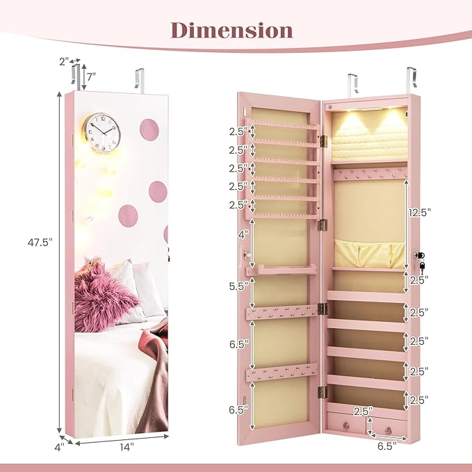 Giantex Wall Door Mounted Jewelry Armoire Cabinet with 47.5" Full Length Mirror, 2 LEDs Lockable Jewelry Organizers and Storage, Over the Door Jewelry Organizer Cabinet with 2 Drawers (Light Pink)