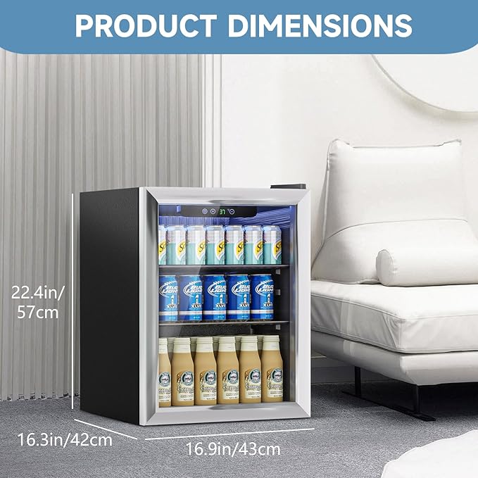1.7 Cu.Ft Mini Fridge for 76 Cans, Beverage Refrigerator with Glass Door and Digital Display, Small Drink Fridge for Soda, Beer, or Wine, Adjustable Shelves, Compact Fridge for Bedroom Office