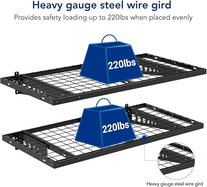 FLEXIMOUNTS 2 Pack 2x4ft Garage Storage 24x48 inch Heavy Duty Bike Wall Shelving Rack, 440lbs Total Weight Capacity, Black, Pro Series