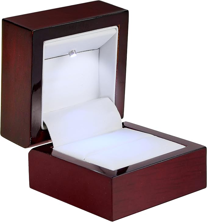 Allure - Bulk Case Of 12 - Luxury Ring Boxes With LED Light, Square Shaped Elegant Diamond Ring Case, For Unique Proposal, Small, Mahogany Wood With White Leatherette Insert Jewelry Display Gift Box.
