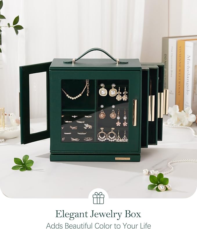 Homde Christmas Gifts Jewelry Box 360° Rotating, Necklace Earring Organizer with Transparent Window, Mirror, 7 Drawers, Large Ring Display Storage Case for Girls Women (Forest Green)