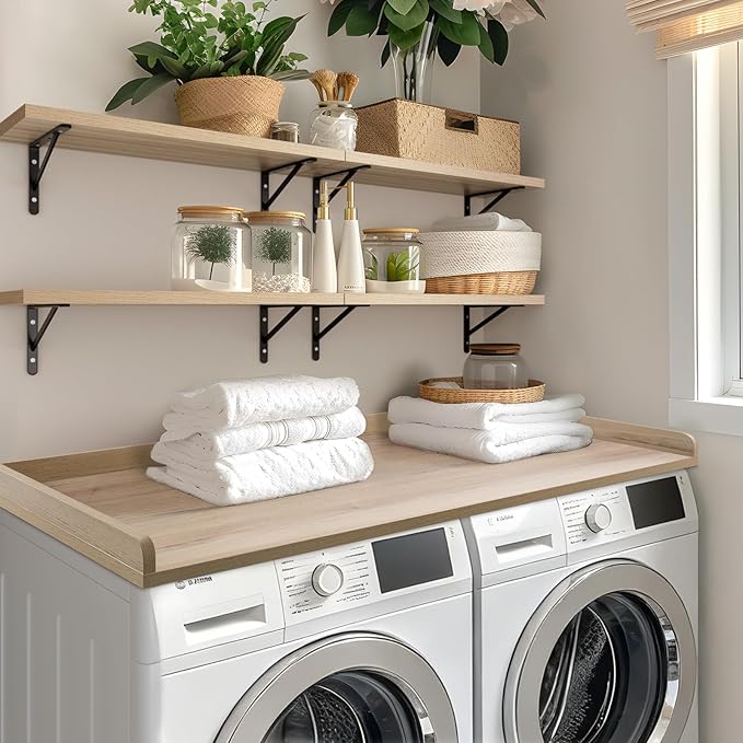 Kaboon Washer Dryer Countertop, Melamine Countertop with Edge Rails - 27.5" Depth x 54" Width Laundry Room Organization, Oak(Grey Tone)