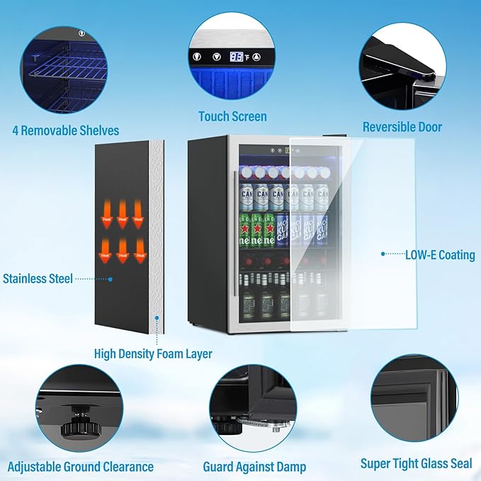 4.5 Cubic Feet Mini Fridge, 145 Can Freestanding Beverage Refrigerator with Glass Front Door for Soda, Beer Under Counter Drink Refrigerator with Adjustable Shelves and Digital Display
