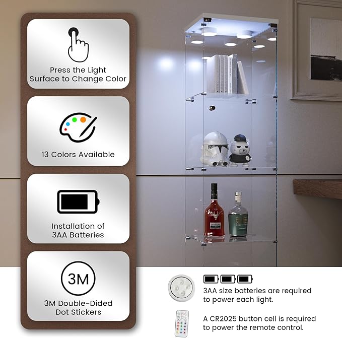 Beauty4U Glass Display Cabinet with LED Light, 4 Shelves, Curio Cabinets for Living Room, Bedroom, Office, White Floor Standing Glass Bookshelf, Quick Installation