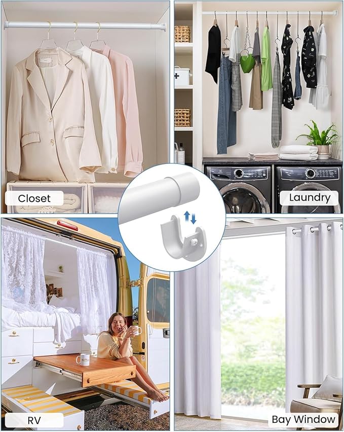 2 PACK Closet Rods for Hanging Clothes, 17 to 54 Inches Stepless Adjustable Metal Closet Rod, 1.3 Inches Heavy Duty Clothes Hanging Rod for Closet Wardrobes Laundry RV, White