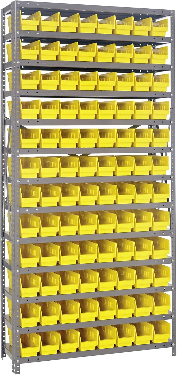 Quantum Storage Systems 1275-101YL Steel Shelving Unit with 4" Shelf Bins, 12" D x 36" W x 75" H, Yellow