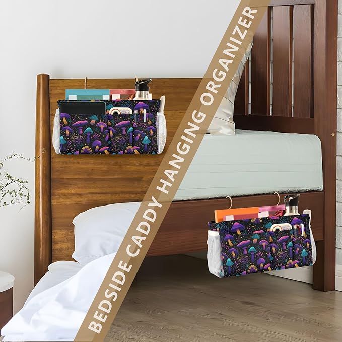 Neon-colored Mushrooms Stars Dots Bedside Caddy for Dorm Bed Bedside Hanging Caddy Bag Iron Frame Storage Organizer Pocket for Bunk Home College Hospital Beds 2 Hooks