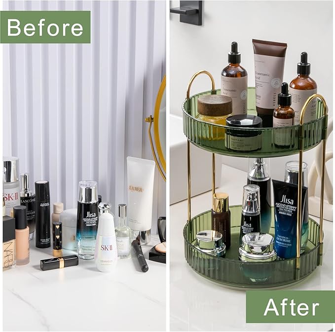Rotating Makeup Organizer for Vanity, High-Capacity Skincare Make Up Storage Perfume Organizers Cosmetic Dresser Organizer Countertop 360 Spinning (Green, 3 Tier)