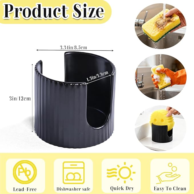 Kitchen Sponge Holder,3 inch heigh Ceramic Sponge Holder for Kitchen Sink Countertop,Space-Saving Multi-Functional Dish Sponge Rack and Bathroom Organizer Accessories,White and Black Suits