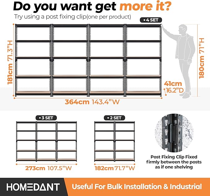 HOMEDANT 5 Tier Storage Shelves Adjustable Laminated Boltless Garage Metal Shelving Unit Heavy Duty Utility Rack Shelf Warehouse Pantry Closet Kitchen (4, (M) 35.9" W, Black)