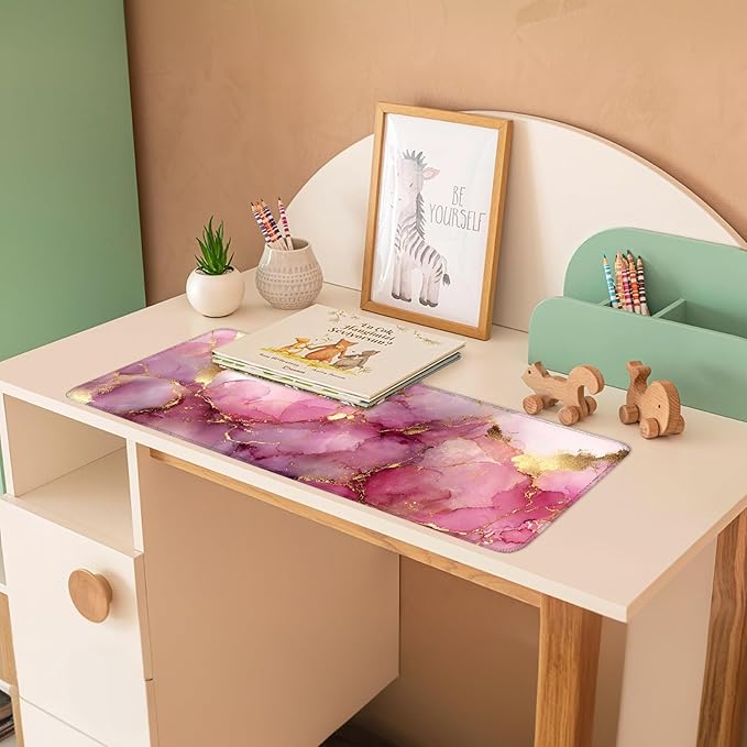 Pink Marble Ink Mouse Pad – Large Extended Desk Mat 31.5 x 11.8 in– Elegant Watercolor Gold Foil Design, Waterproof Surface, Non-Slip Rubber Base, Keyboard & Mouse Pad for Office or Gaming