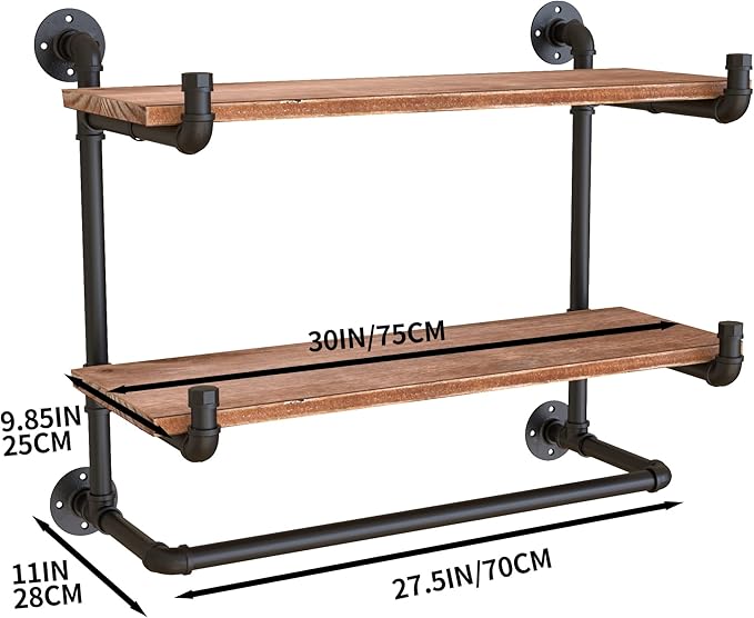 30in Industrial Pipe Clothing Rack,2-Tier Wall Mounted Clothes Rack, Pipe Clothing Rack with Shelf, Wall Hangers for Clothes, for Bedroom, Laundry, Living Room, Retail Store