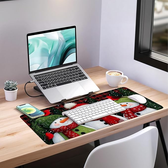 Three Snowmen Gaming Mouse Pad 35.4"x15.7"Desk Mat Anti-Slip Rubber Base & Durable Stitched Edges for Gamers Smooth Mouse Writing Surface for Desk Office/Home