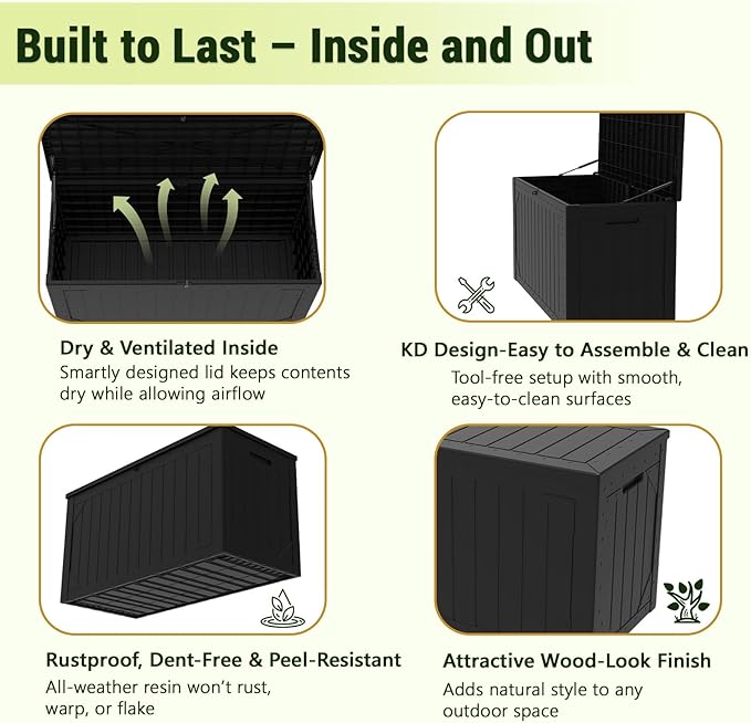 100 Gallon Outdoor Storage Box Waterproof,Resin Deck Box Storage Bin for Cushion Patio Furniture, Pool Accessories, and Garden Tools, Lockable & UV-Resistant, Black