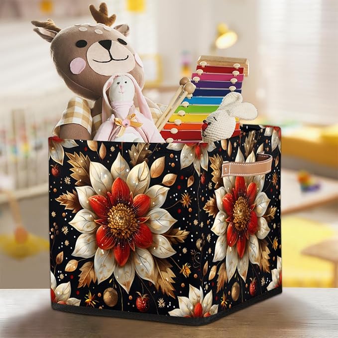 TropicalLife 13x13x13 Inch Large Fabric Storage Cube Flowers Foldable Storage Bin with Handles Organizer Boxes Cube Basket for Shelves Organizing Closet