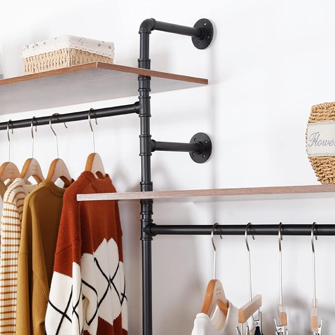 Industrial Iron Pipe Clothing Rack, 40inch Black Vintage Retro Shelving Wall Mounted DIY Garment Rack Rustic Farmhouse Kitchen Storage