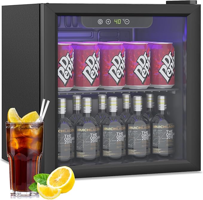 Stopasd Beverage Refrigerator Cooler, 1.3 Cu.Ft/60 Can Drink Fridge with Adjustable Shelves & Glass Door for Soda Wine Beer, Quiet Undercounter Small Fridge for Home/Office/Bar/Garage(40-61 ℉), Black