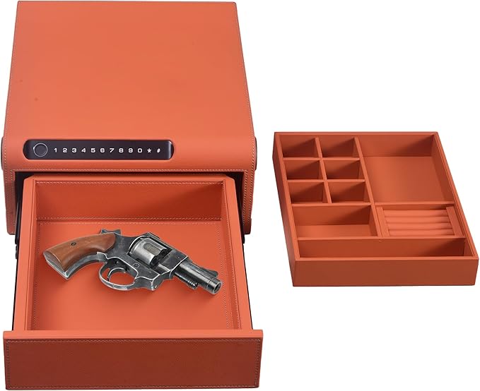 Biometric Fingerprint safe, Slide-Away Handgun Safe for Pistols, Leather Wrapped Jewelry Storage Safe, Drawer Safe for Home,Digital Keypad & Quick-Access Drawer (Orange-1 Drawer)